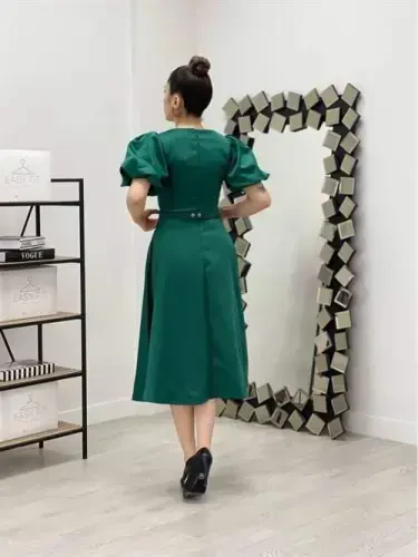 Saten Kumaş Kemer Detaylı Midi Elbise - ZÜMRÜT YEŞİL - 5