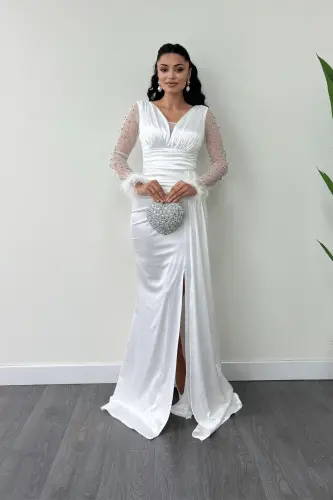 Saten Kumaş Kolları Otrişli Boncuk Detaylı Balık Elbise - BEYAZ - BEYAZ 