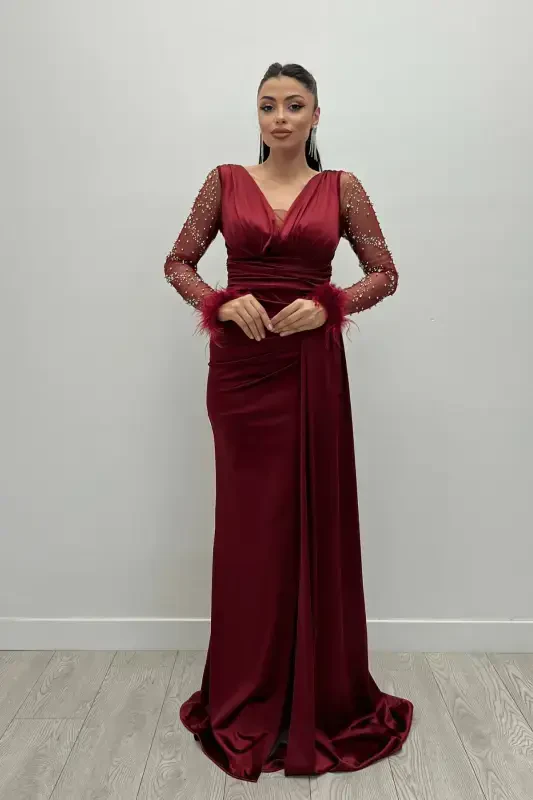 Saten Kumaş Kolları Otrişli Boncuk Detaylı Balık Elbise - BORDO-BORDO - GIYIMMASALI