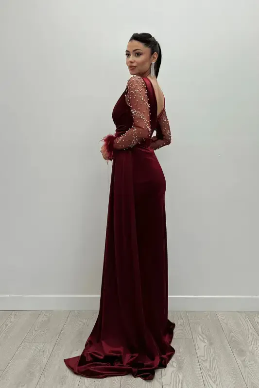 Saten Kumaş Kolları Otrişli Boncuk Detaylı Balık Elbise - BORDO-BORDO - 5