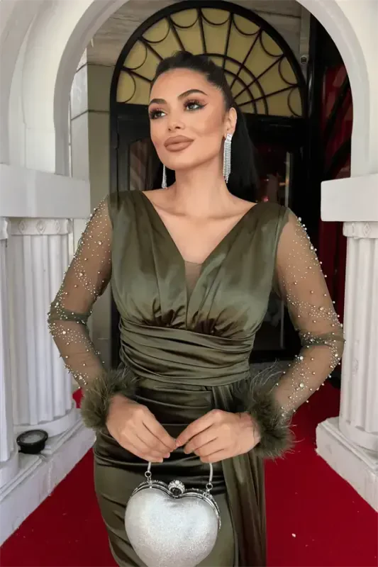 Saten Kumaş Kolları Otrişli Boncuk Detaylı Balık Elbise - HAKİ YEŞİLİ - 4