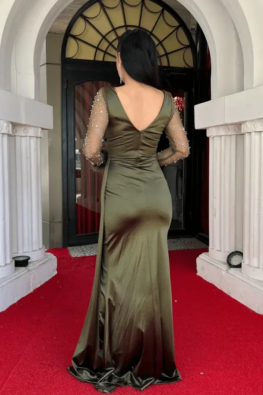 Saten Kumaş Kolları Otrişli Boncuk Detaylı Balık Elbise - HAKİ YEŞİLİ-HAKİ YEŞİL - 5