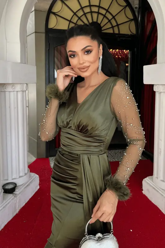 Saten Kumaş Kolları Otrişli Boncuk Detaylı Balık Elbise - HAKİ YEŞİLİ-HAKİ YEŞİL - 3