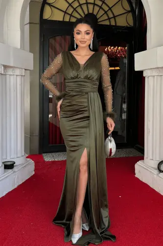 Saten Kumaş Kolları Otrişli Boncuk Detaylı Balık Elbise - HAKİ YEŞİLİ-HAKİ YEŞİL - 1