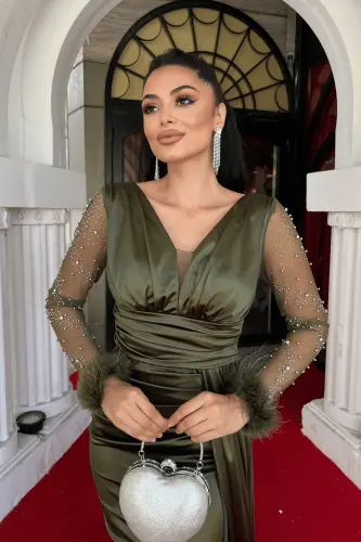 Saten Kumaş Kolları Otrişli Boncuk Detaylı Balık Elbise - HAKİ YEŞİLİ-HAKİ YEŞİL - 4