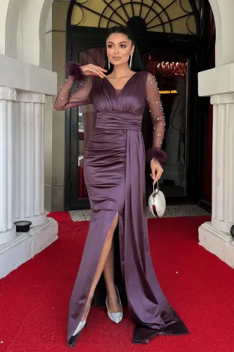 Saten Kumaş Kolları Otrişli Boncuk Detaylı Balık Elbise - LİLA-LİLA - 1