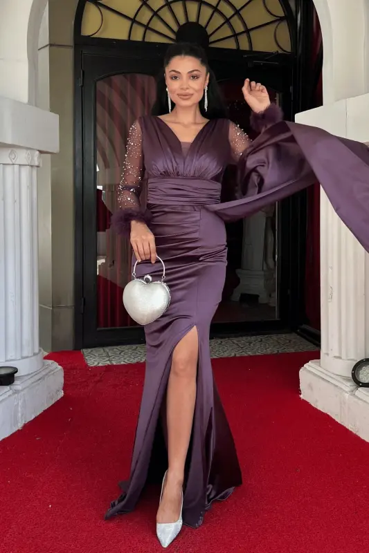 Saten Kumaş Kolları Otrişli Boncuk Detaylı Balık Elbise - LİLA-LİLA - 2