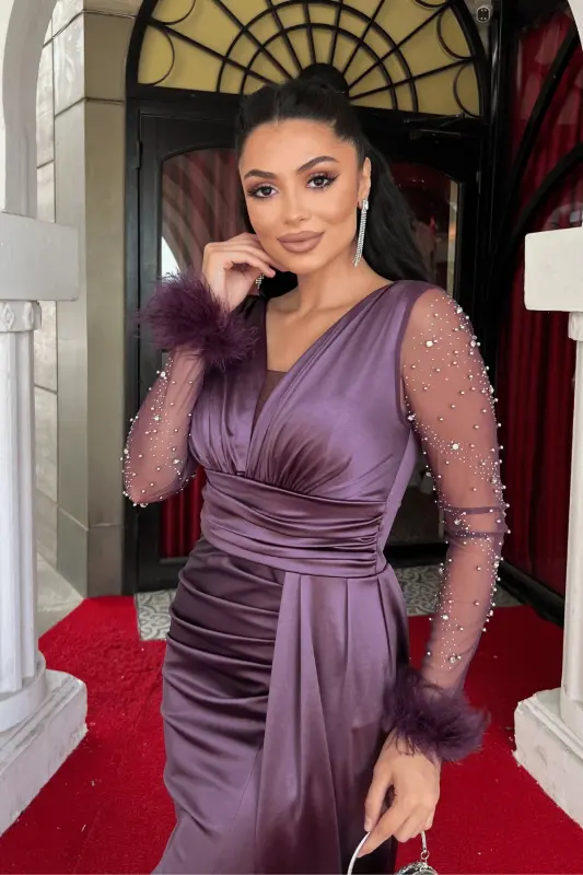 Saten Kumaş Kolları Otrişli Boncuk Detaylı Balık Elbise - LİLA-LİLA - 3