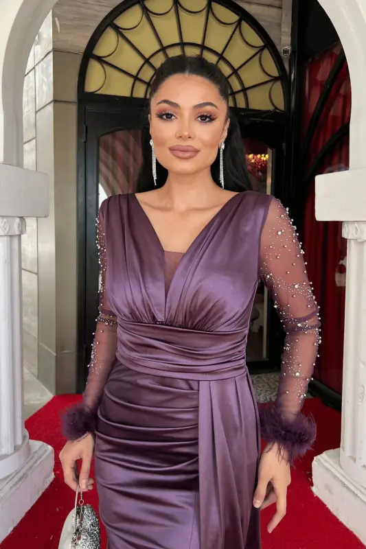 Saten Kumaş Kolları Otrişli Boncuk Detaylı Balık Elbise - LİLA-LİLA - 4