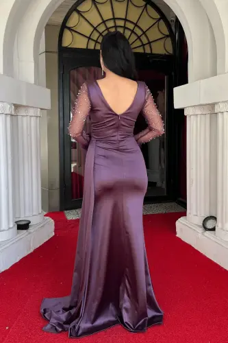 Saten Kumaş Kolları Otrişli Boncuk Detaylı Balık Elbise - LİLA-LİLA - 5