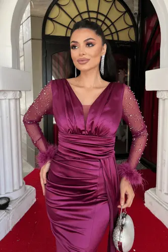 Saten Kumaş Kolları Otrişli Boncuk Detaylı Balık Elbise - PATLICAN MOR-PATLICAN MOR - 4