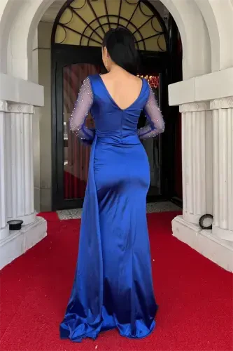 Saten Kumaş Kolları Otrişli Boncuk Detaylı Balık Elbise - SAKS MAVİ - 5