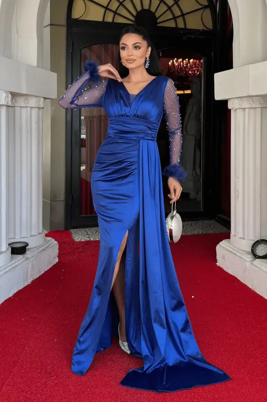 Saten Kumaş Kolları Otrişli Boncuk Detaylı Balık Elbise - SAKS MAVİ-SAKS MAVİ - 2