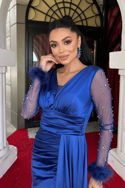 Saten Kumaş Kolları Otrişli Boncuk Detaylı Balık Elbise - SAKS MAVİ-SAKS MAVİ - 3