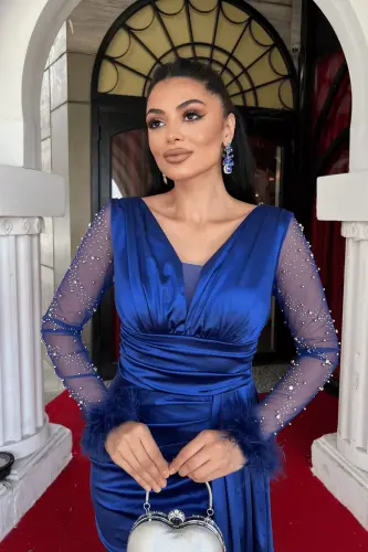 Saten Kumaş Kolları Otrişli Boncuk Detaylı Balık Elbise - SAKS MAVİ-SAKS MAVİ - 4