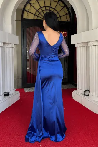 Saten Kumaş Kolları Otrişli Boncuk Detaylı Balık Elbise - SAKS MAVİ-SAKS MAVİ - 5