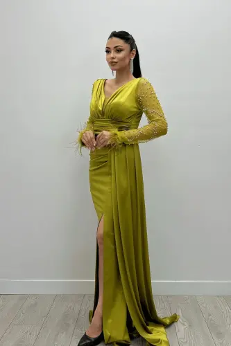 Saten Kumaş Kolları Otrişli Boncuk Detaylı Balık Elbise - YEŞİL - YEŞİL 