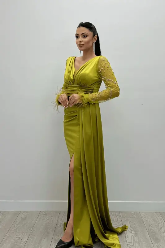 Saten Kumaş Kolları Otrişli Boncuk Detaylı Balık Elbise - YEŞİL - YEŞİL - GIYIMMASALI