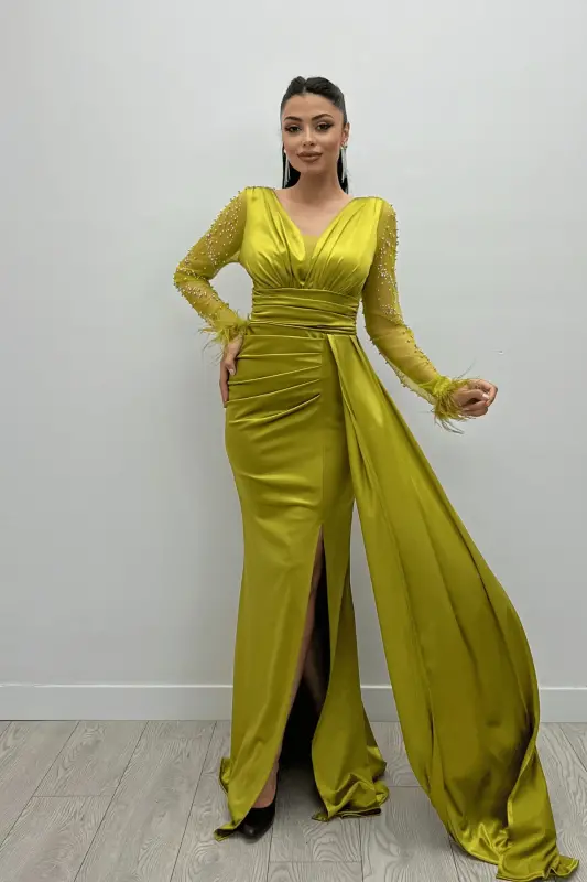 Saten Kumaş Kolları Otrişli Boncuk Detaylı Balık Elbise - YEŞİL - YEŞİL - 2