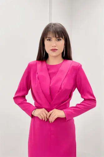 Saten Kumaş Pile Detaylı Tesettür Abiye Elbise - FUŞYA - 3