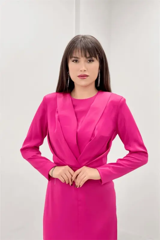 Saten Kumaş Pile Detaylı Tesettür Abiye Elbise - FUŞYA - 3