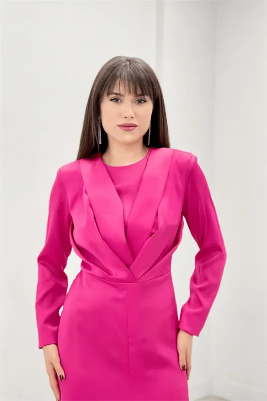 Saten Kumaş Pile Detaylı Tesettür Abiye Elbise - FUŞYA - 4