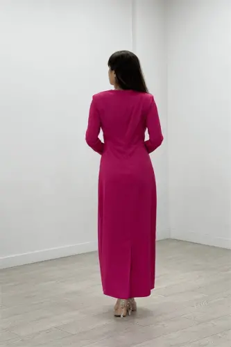 Saten Kumaş Pile Detaylı Tesettür Abiye Elbise - FUŞYA - 5