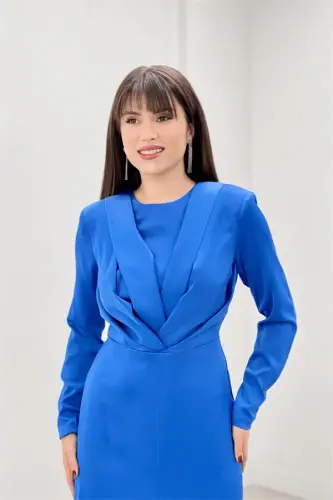 Saten Kumaş Pile Detaylı Tesettür Abiye Elbise - SAKS MAVİ - 3