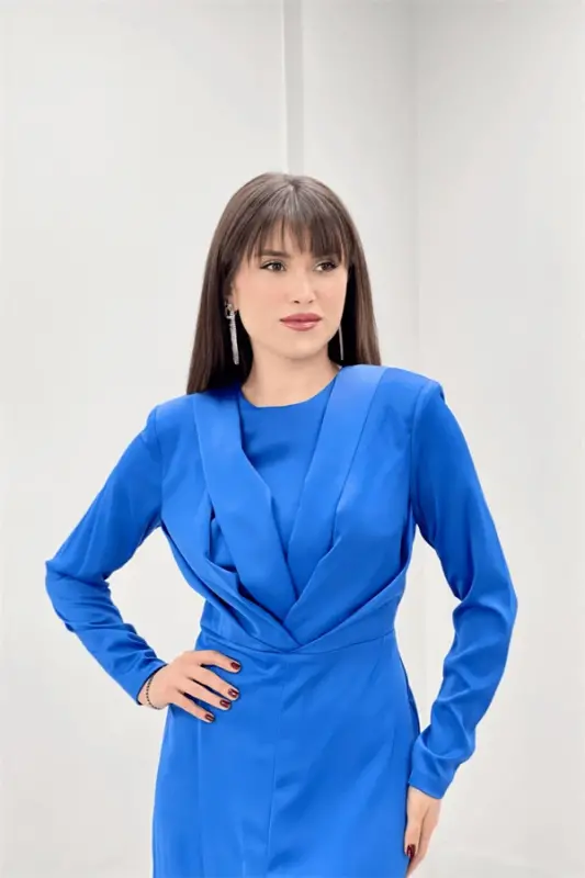 Saten Kumaş Pile Detaylı Tesettür Abiye Elbise - SAKS MAVİ - 4