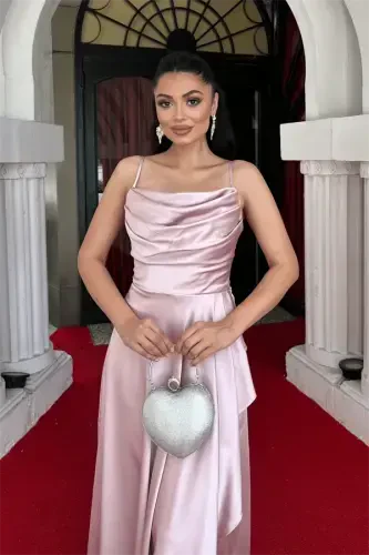 Saten Kumaş Sırtı İp Detaylı Asimetri Kesim Elbise - PUDRA - 2