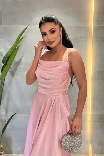 Saten Kumaş Sırtı İpli Abiye Elbise - PUDRA - 3