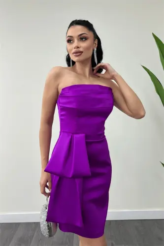 Saten Kumaş Straplez Mini Elbise - FUŞYA - 3