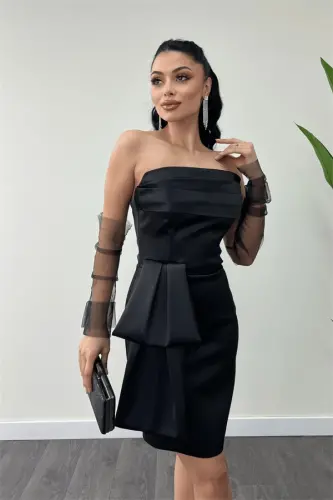 Saten Kumaş Straplez Mini Elbise - SİYAH - 4