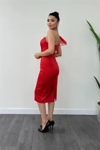 Saten Kumaş Straplez Tül Detaylı Kalem Elbise - KIRMIZI - 5