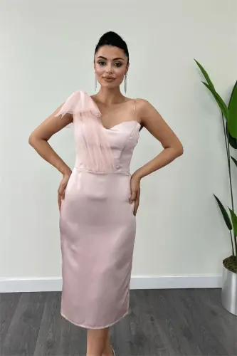 Saten Kumaş Straplez Tül Detaylı Kalem Elbise - PUDRA - 3