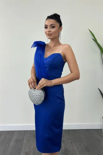 Saten Kumaş Straplez Tül Detaylı Kalem Elbise - SAKS MAVİ - 3
