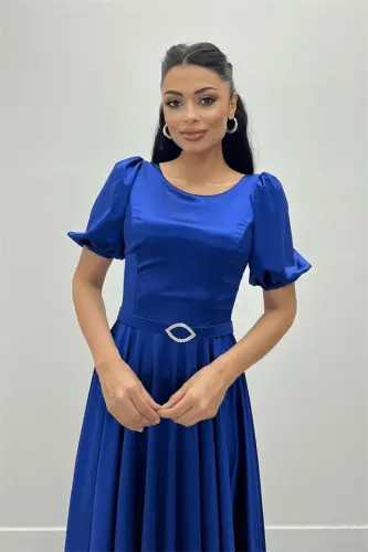 Saten Mato Balon Yengli Midi Ko'ylak - SAKS KO'K - 1