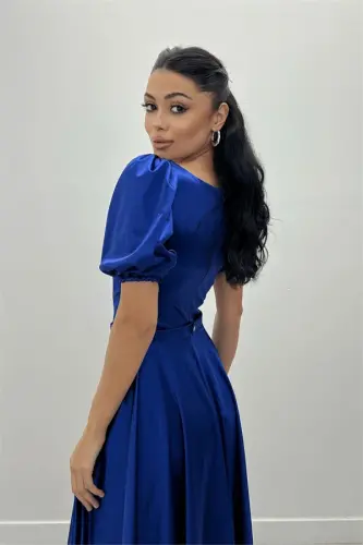 Saten Mato Balon Yengli Midi Ko'ylak - SAKS KO'K - BÜYÜKBEDENIZ (1)