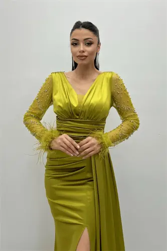 Saten mato bilaklari otirishli munchoqli baliq ko'ylak - YASHIL - 3