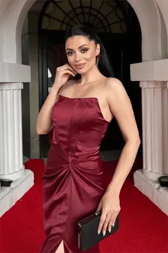 Saten Mato Büzgülü Straplez Kechki Libos - BORDO - 3