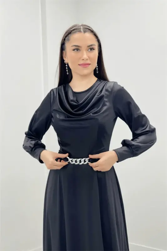 Saten Mato Degaje Yoqali Kechki Libos - QORA - 8