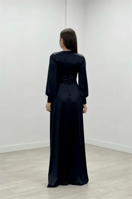 Saten Mato Degaje Yoqali Kechki Libos - QORA - 5