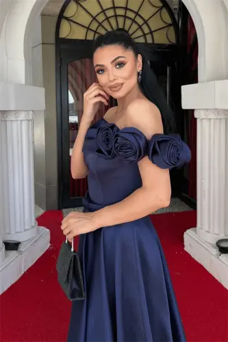 Saten mato gul detallari bilan midi ko'ylak - LACIVERT - 3