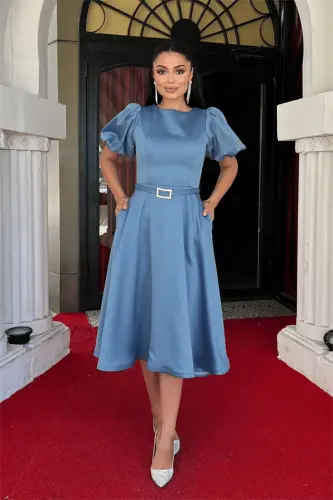 Saten mato kamar detalli midi ko'ylak - İNDIGO HAVO - 1