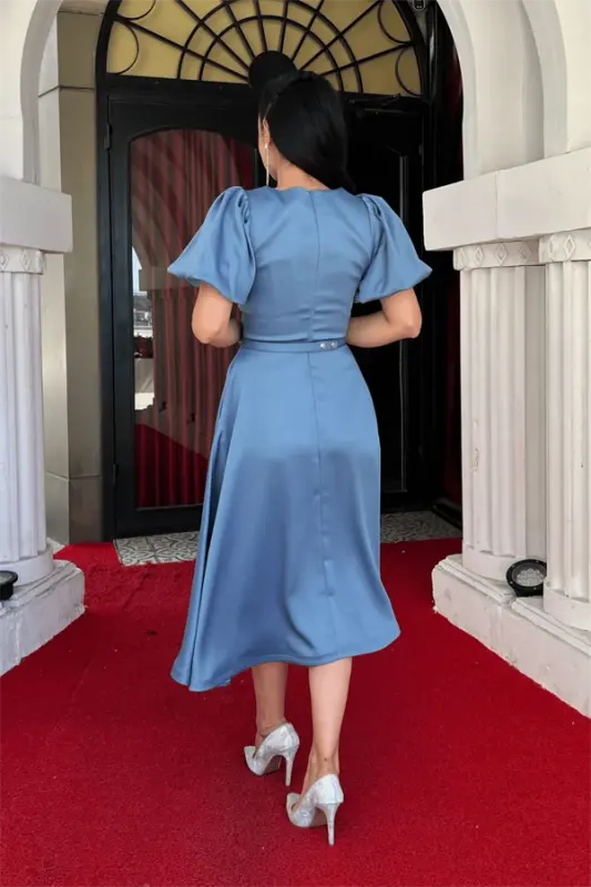 Saten mato kamar detalli midi ko'ylak - İNDIGO HAVO - 5