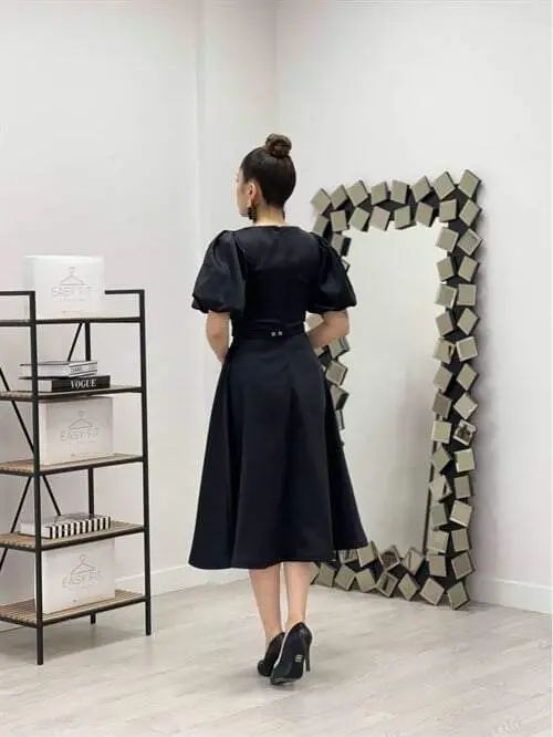 Saten mato kamar detalli midi ko'ylak - QORA - 5