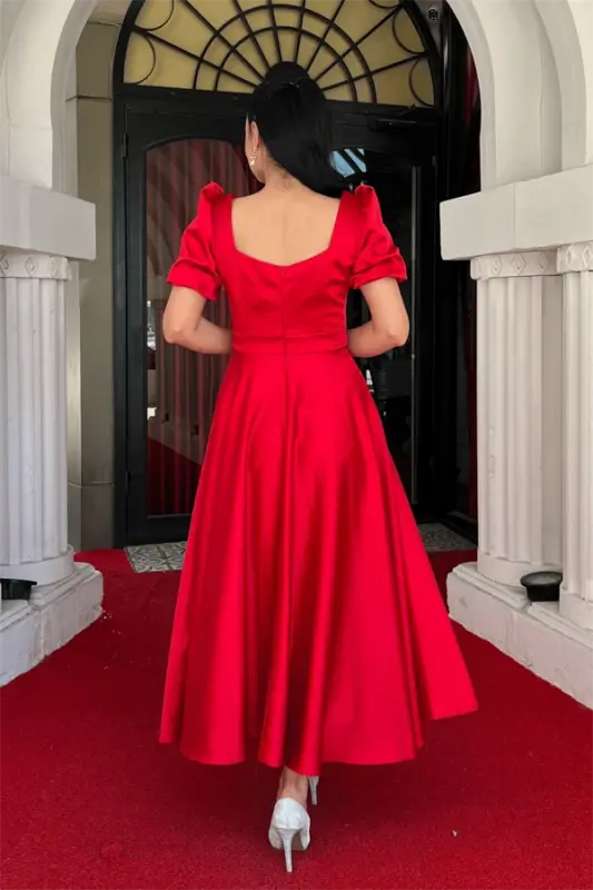 Saten mato kvadrat yoqali sharsimon yengli midi ko'ylak - QIZIL - 5