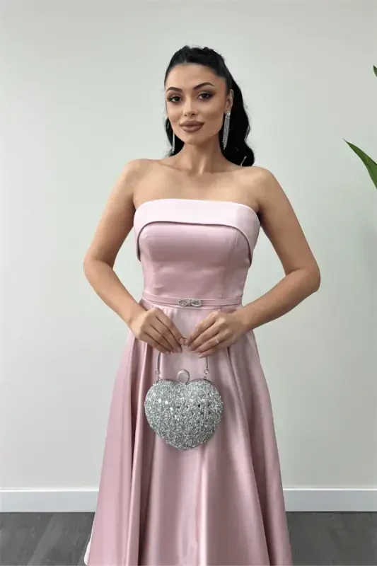 Saten mato orqa ip detallari Midi ko'ylak - PUDRA - 2