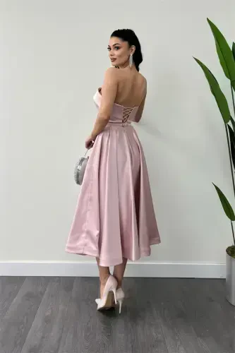 Saten mato orqa ip detallari Midi ko'ylak - PUDRA - 4