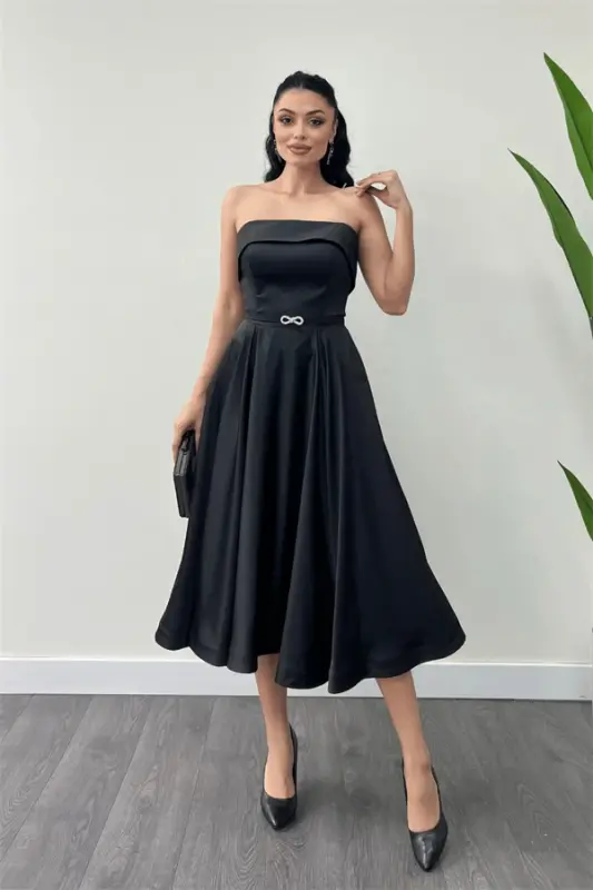 Saten mato orqa ip detallari midi ko'ylak - QORA - BÜYÜKBEDENIZ